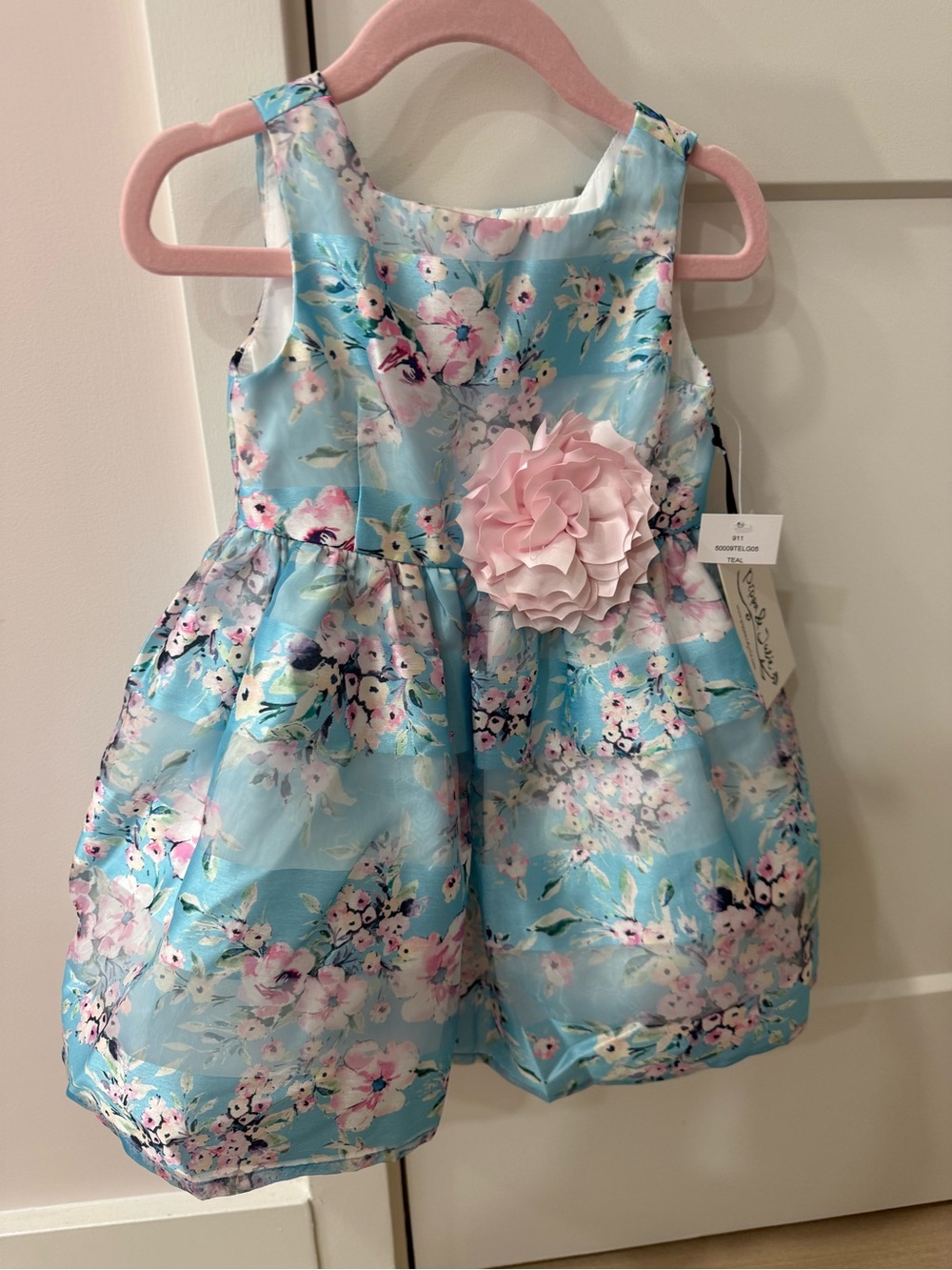 Pippa & Julie Blue Floral Dress with Pink Rosette - Girls
